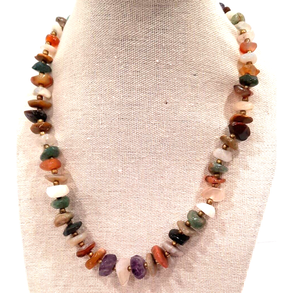 Mixed Stones Agate Carnelian Quartz Gold spacer Beads 18" Vintage Necklace